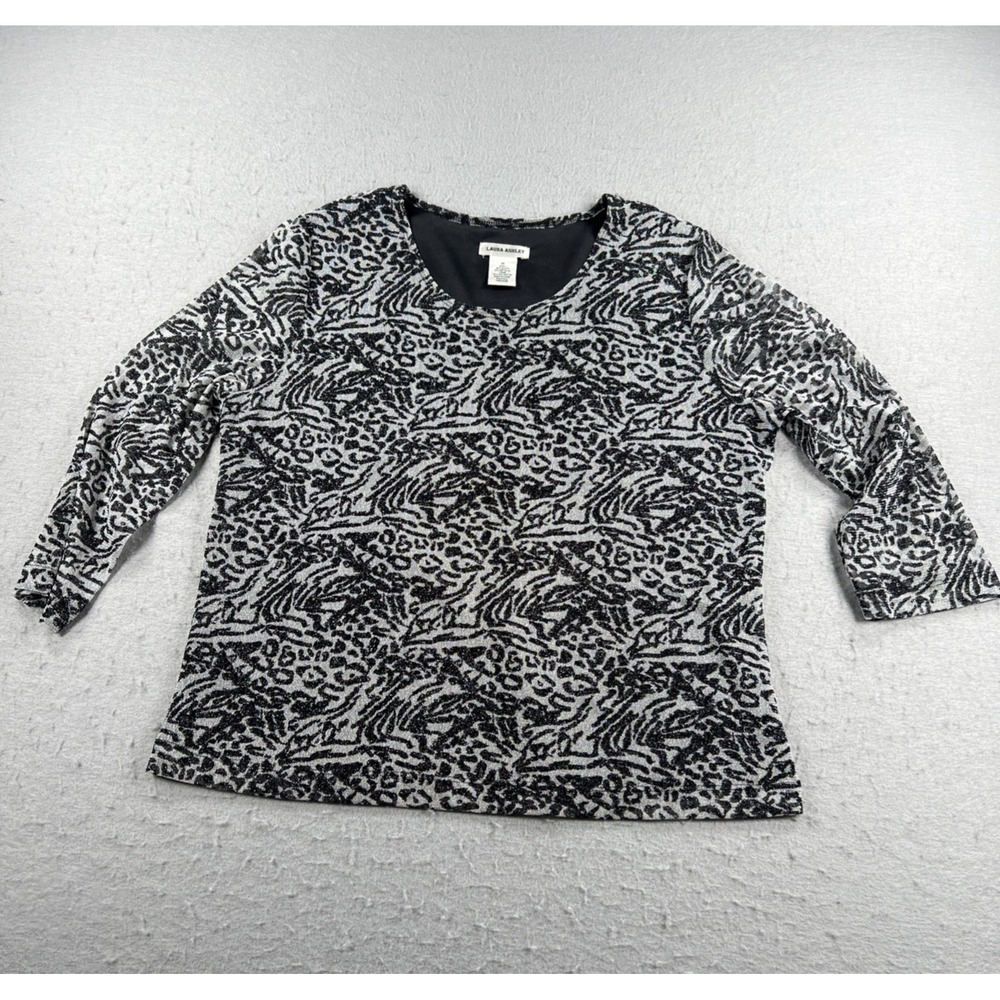 Laura Ashley Women's Medium Gray Black Metallic Thread 3/4 Sleeve Blouse